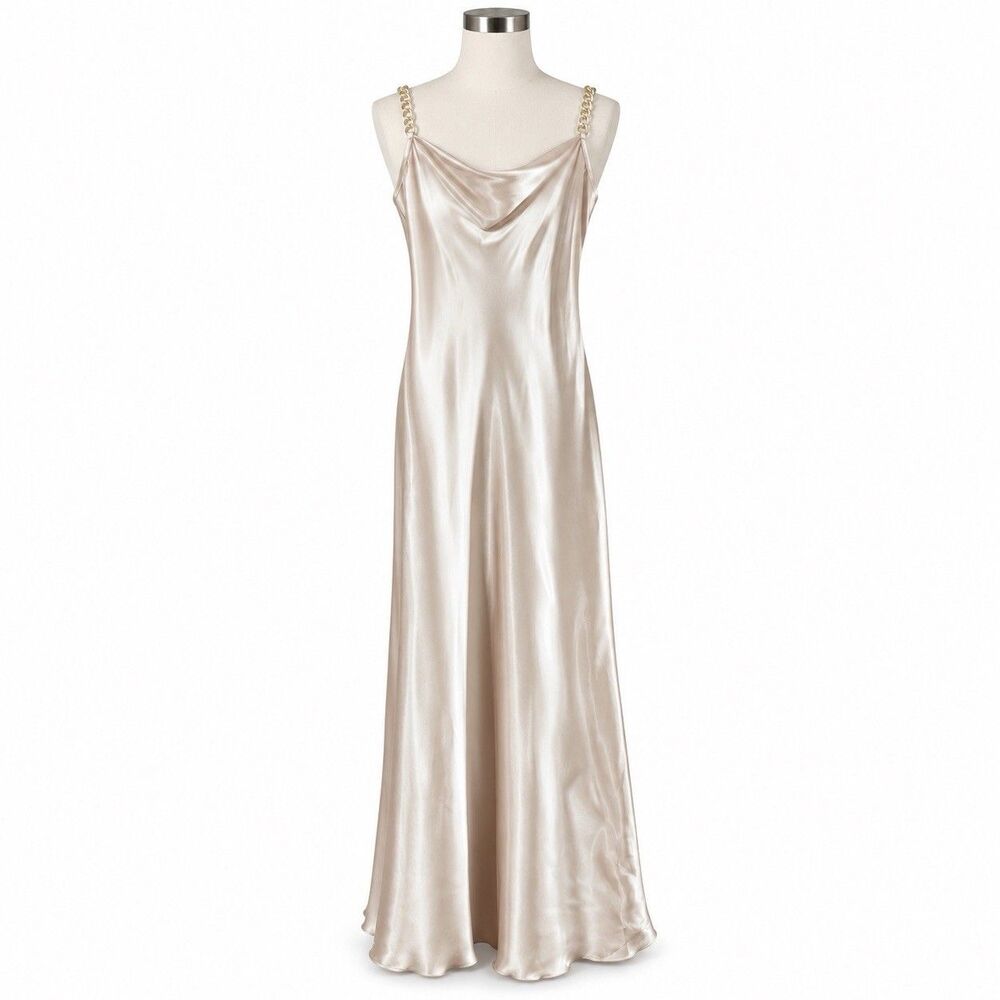 bebe x Ciara Women’s M Champagne Satin Maxi Dress Gold Chain Straps Cowl Neck